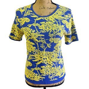 P.A.R.O.S.H. Womens Blue Yellow Floral Short Sleeves Crew Neck Knit Sweater Sz L